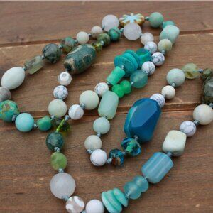 Long Blue Green Gemstone Hand Knot Beaded Necklace by Knottedup